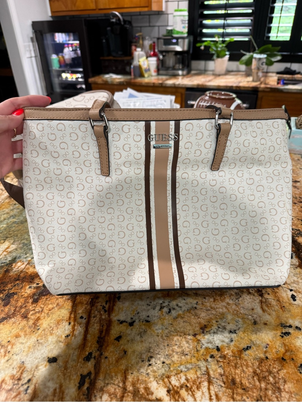 GUESS Cream and Tan Signature Stripe Tote